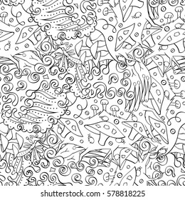 Tracery seamless calming pattern. Mehndi design. Ethnic monochrome binary doodle texture. Curved doodling black and white background. Vector.