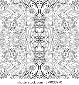 Tracery seamless calming pattern. Mehndi design. Ethnic monochrome binary doodle texture. Curved doodling black and white background. Vector.