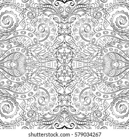 Tracery seamless calming pattern. Mehndi design. Ethnic monochrome binary doodle texture. Curved doodling black and white background. Vector.