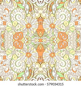 Tracery seamless calming pattern. Mehndi design. Ethnic colorful doodle texture. Curved doodling background. Vector.