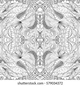Tracery seamless calming pattern. Mehndi design. Ethnic monochrome binary doodle texture. Curved doodling black and white background. Vector.