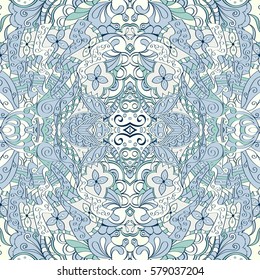 Tracery seamless calming pattern. Mehndi design. Ethnic colorful doodle texture. Curved doodling background. Vector.