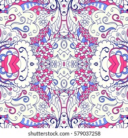 Tracery seamless calming pattern. Mehndi design. Ethnic colorful doodle texture. Curved doodling background. Vector.