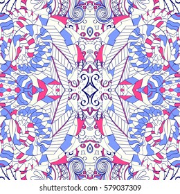 Tracery seamless calming pattern. Mehndi design. Ethnic colorful doodle texture. Curved doodling background. Vector.
