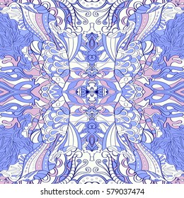 Tracery seamless calming pattern. Mehndi design. Ethnic colorful doodle texture. Curved doodling background. Vector.