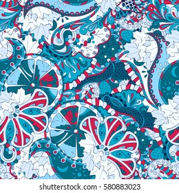 Tracery seamless calming pattern. Mehndi design. Ethnic colorful doodle texture. Curved doodling background. Vector.