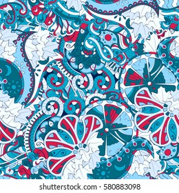 Tracery seamless calming pattern. Mehndi design. Ethnic colorful doodle texture. Curved doodling background. Vector.
