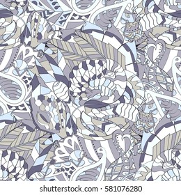 Tracery seamless calming pattern. Mehndi design. Ethnic colorful doodle texture. Curved doodling background. Vector.