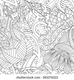 Tracery seamless calming pattern. Mehndi design. Ethnic monochrome binary doodle texture. Curved doodling black and white background. Vector.