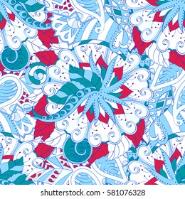 Tracery seamless calming pattern. Mehndi design. Ethnic colorful doodle texture. Curved doodling background. Vector.
