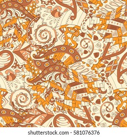 Tracery seamless calming pattern. Mehndi design. Ethnic colorful doodle texture. Curved doodling background. Vector.