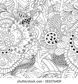 Tracery seamless calming pattern. Mehndi design. Ethnic monochrome binary doodle texture. Curved doodling black and white background. Vector.