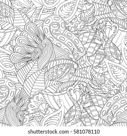 Tracery seamless calming pattern. Mehndi design. Ethnic monochrome binary doodle texture. Curved doodling black and white background. Vector.