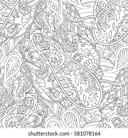 Tracery seamless calming pattern. Mehndi design. Ethnic monochrome binary doodle texture. Curved doodling black and white background. Vector.