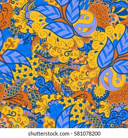 Tracery seamless calming pattern. Mehndi design. Ethnic colorful doodle texture. Curved doodling background. Vector.