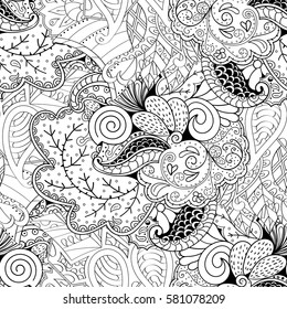 Tracery seamless calming pattern. Mehndi design. Ethnic monochrome binary doodle texture. Curved doodling black and white background. Vector.