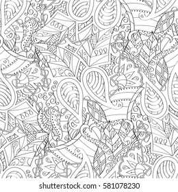 Tracery seamless calming pattern. Mehndi design. Ethnic monochrome binary doodle texture. Curved doodling black and white background. Vector.