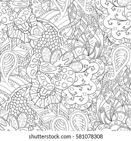 Tracery seamless calming pattern. Mehndi design. Ethnic monochrome binary doodle texture. Curved doodling black and white background. Vector.