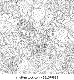 Tracery seamless calming pattern. Mehndi design. Ethnic monochrome binary doodle texture. Curved doodling black and white background. Vector.