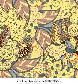 Tracery seamless calming pattern. Mehndi design. Ethnic colorful doodle texture. Curved doodling background. Vector.