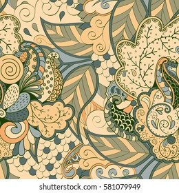 Tracery seamless calming pattern. Mehndi design. Ethnic colorful doodle texture. Curved doodling background. Vector.