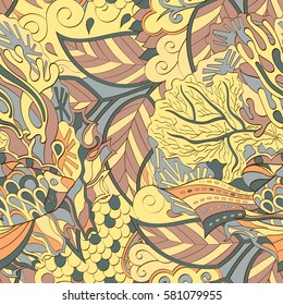 Tracery seamless calming pattern. Mehndi design. Ethnic colorful doodle texture. Curved doodling background. Vector.