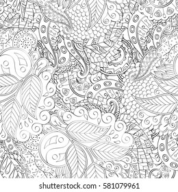 Tracery seamless calming pattern. Mehndi design. Ethnic monochrome binary doodle texture. Curved doodling black and white background. Vector.