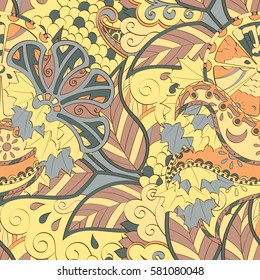 Tracery seamless calming pattern. Mehndi design. Ethnic colorful doodle texture. Curved doodling background. Vector.