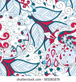 Tracery seamless calming pattern. Mehndi design. Ethnic colorful doodle texture. Curved doodling background. Vector.