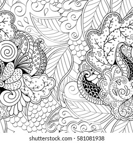 Tracery seamless calming pattern. Mehndi design. Ethnic monochrome binary doodle texture. Curved doodling black and white background. Vector.