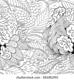 Tracery seamless calming pattern. Mehndi design. Ethnic monochrome binary doodle texture. Curved doodling black and white background. Vector.