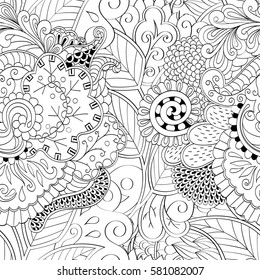 Tracery seamless calming pattern. Mehndi design. Ethnic monochrome binary doodle texture. Curved doodling black and white background. Vector.