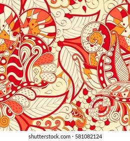 Tracery seamless calming pattern. Mehndi design. Ethnic colorful doodle texture. Curved doodling background. Vector.