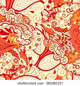 Tracery seamless calming pattern. Mehndi design. Ethnic colorful doodle texture. Curved doodling background. Vector.