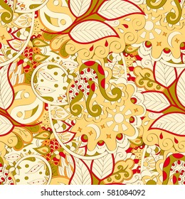 Tracery seamless calming pattern. Mehndi design. Ethnic colorful doodle texture. Curved doodling background. Vector.