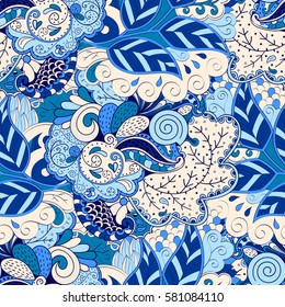Tracery seamless calming pattern. Mehndi design. Ethnic colorful doodle texture. Curved doodling background. Vector.