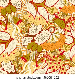 Tracery seamless calming pattern. Mehndi design. Ethnic colorful doodle texture. Curved doodling background. Vector.