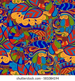 Tracery seamless calming pattern. Mehndi design. Ethnic colorful doodle texture. Curved doodling background. Vector.