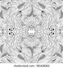 Tracery seamless calming pattern. Mehndi design. Ethnic monochrome binary doodle texture. Curved doodling black and white background. Vector.