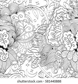 Tracery seamless calming pattern. Mehndi design. Ethnic monochrome binary doodle texture. Curved doodling black and white background. Vector.