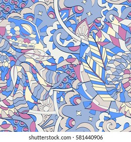 Tracery seamless calming pattern. Mehndi design. Ethnic colorful doodle texture. Curved doodling background. Vector.