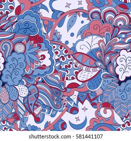Tracery seamless calming pattern. Mehndi design. Ethnic colorful doodle texture. Curved doodling background. Vector.