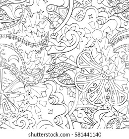 Tracery seamless calming pattern. Mehndi design. Ethnic monochrome binary doodle texture. Curved doodling black and white background. Vector.