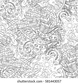 Tracery seamless calming pattern. Mehndi design. Ethnic monochrome binary doodle texture. Curved doodling black and white background. Vector.