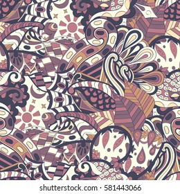 Tracery seamless calming pattern. Mehndi design. Ethnic colorful doodle texture. Curved doodling background. Vector.
