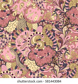 Tracery seamless calming pattern. Mehndi design. Ethnic colorful doodle texture. Curved doodling background. Vector.