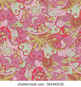 Tracery seamless calming pattern. Mehndi design. Ethnic colorful doodle texture. Curved doodling background. Vector.