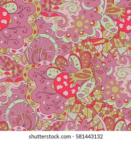 Tracery seamless calming pattern. Mehndi design. Ethnic colorful doodle texture. Curved doodling background. Vector.