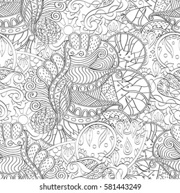 Tracery seamless calming pattern. Mehndi design. Ethnic monochrome binary doodle texture. Curved doodling black and white background. Vector.