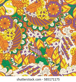 Tracery seamless calming pattern. Mehndi design. Ethnic colorful doodle texture. Curved doodling background. Vector.